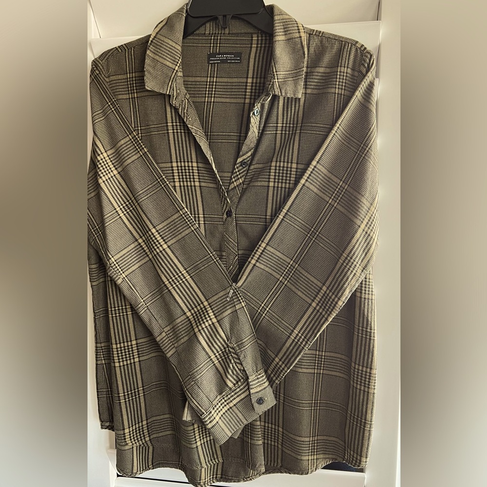 Zara Woman Black and Green Plaid Blouse